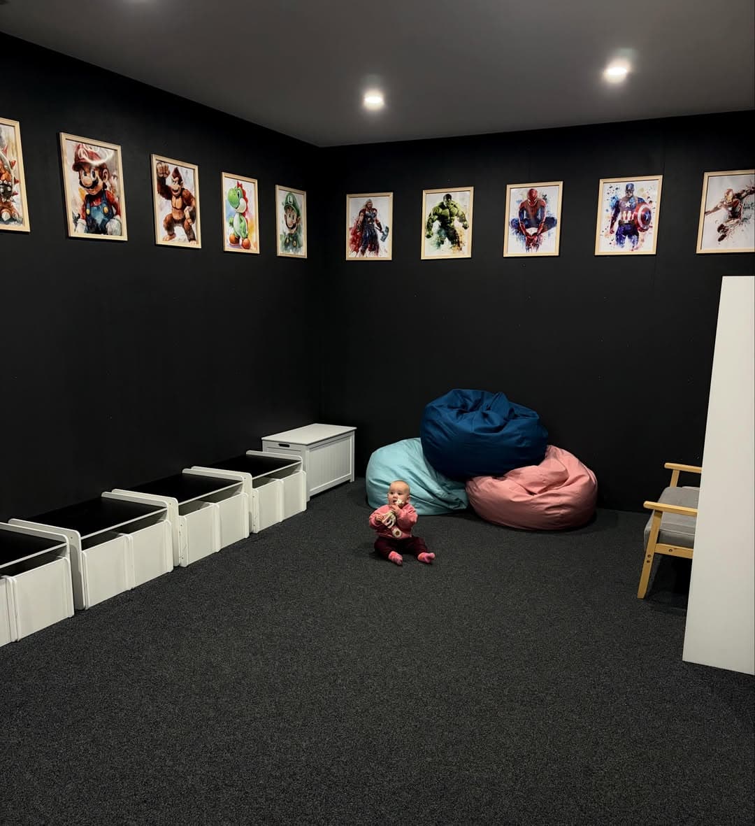 Supervised creche kids area at Impact Body Mind Moama with beanbags and superhero artwork